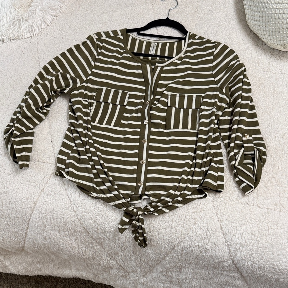 PerSeption Concept Olive and White Striped Top